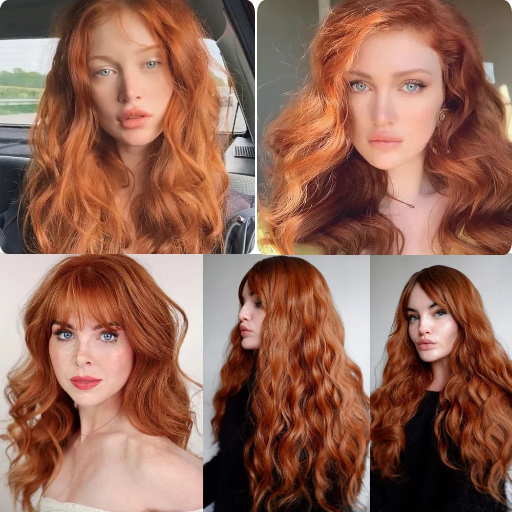 Red Brown Long Fluffy Wavy Synthetic Wigs