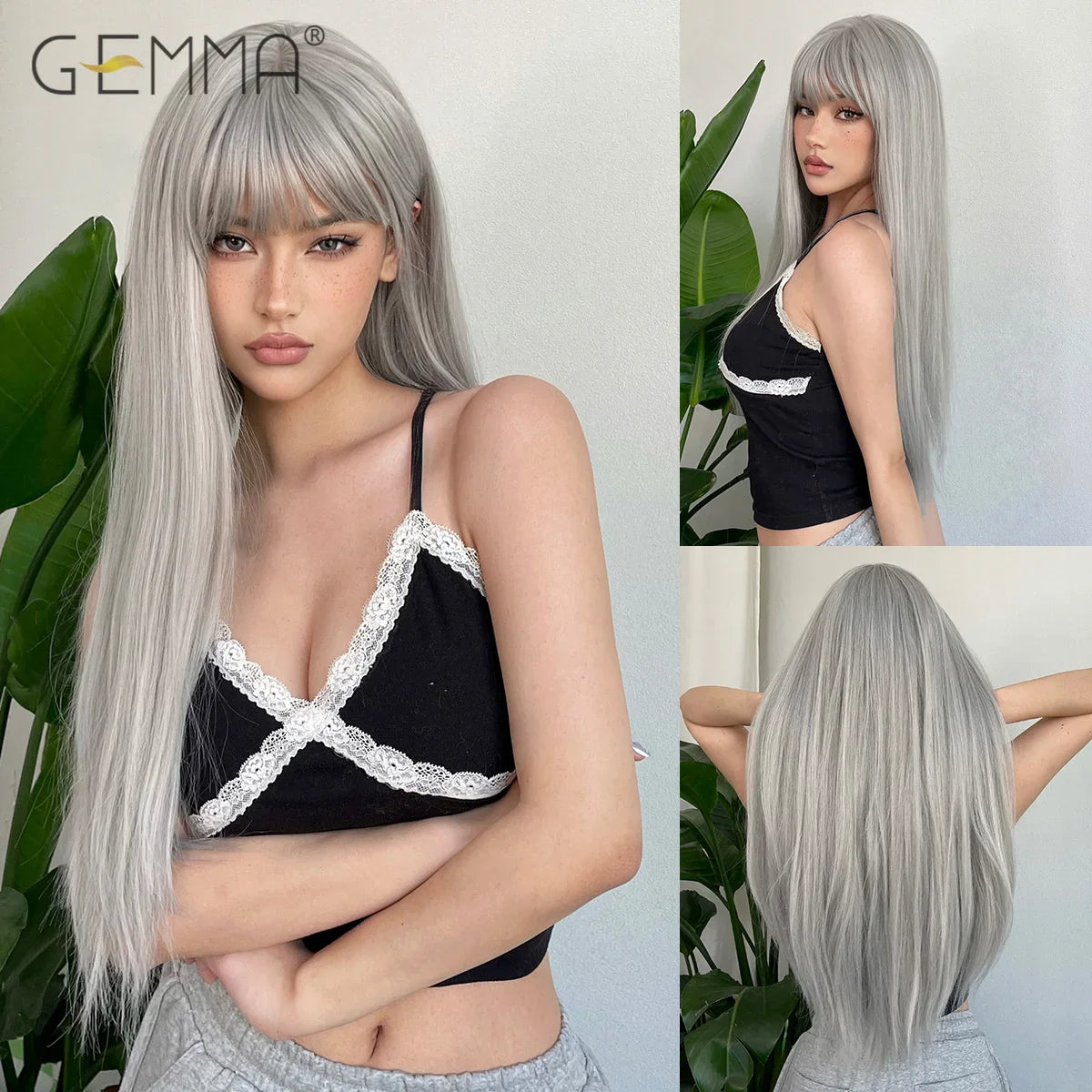 Synthetic Blonde Gray Long Straight Layered Wig