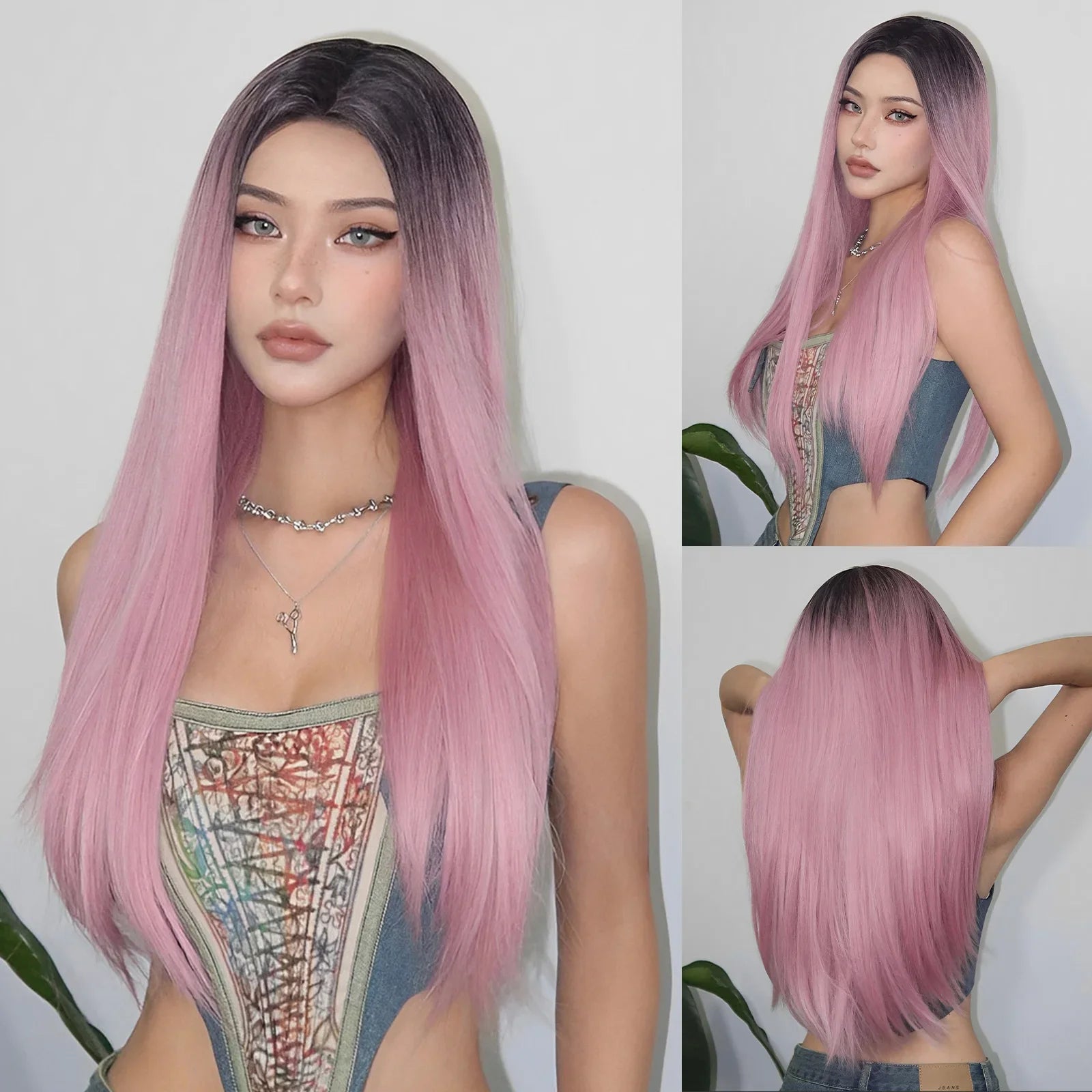 Synthetic Blonde Gray Long Straight Layered Wig
