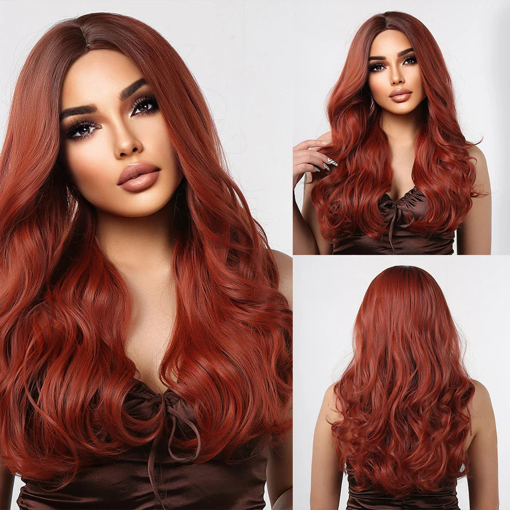 Red Brown Long Fluffy Wavy Synthetic Wigs