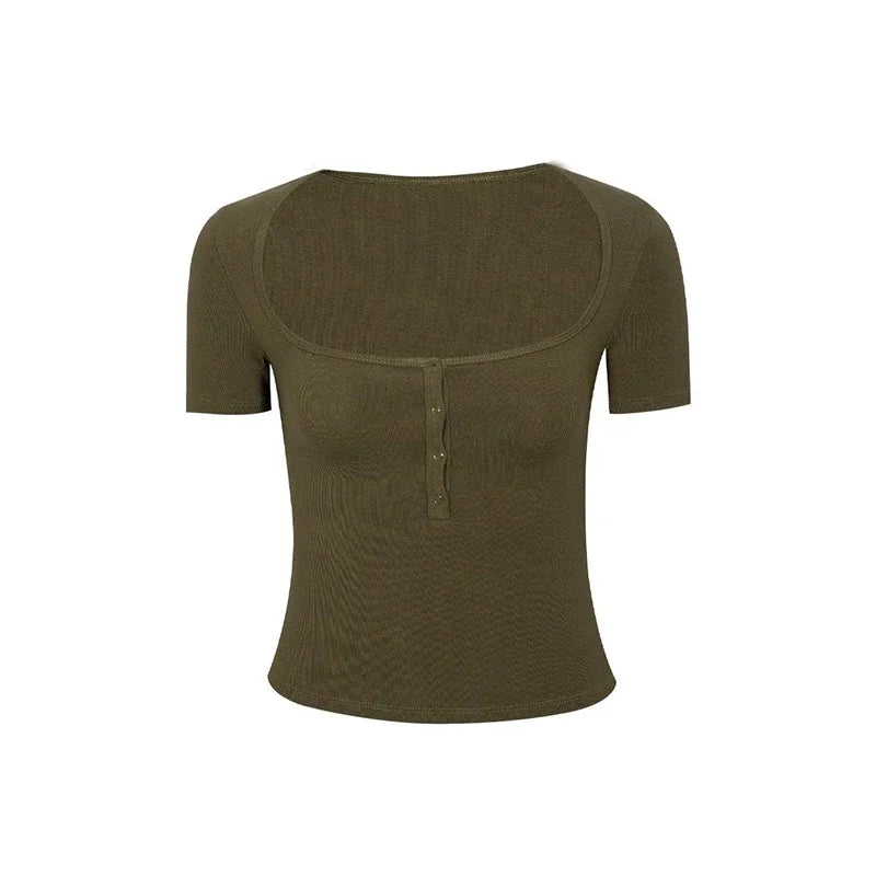 Button Up V-Neck Crop Top