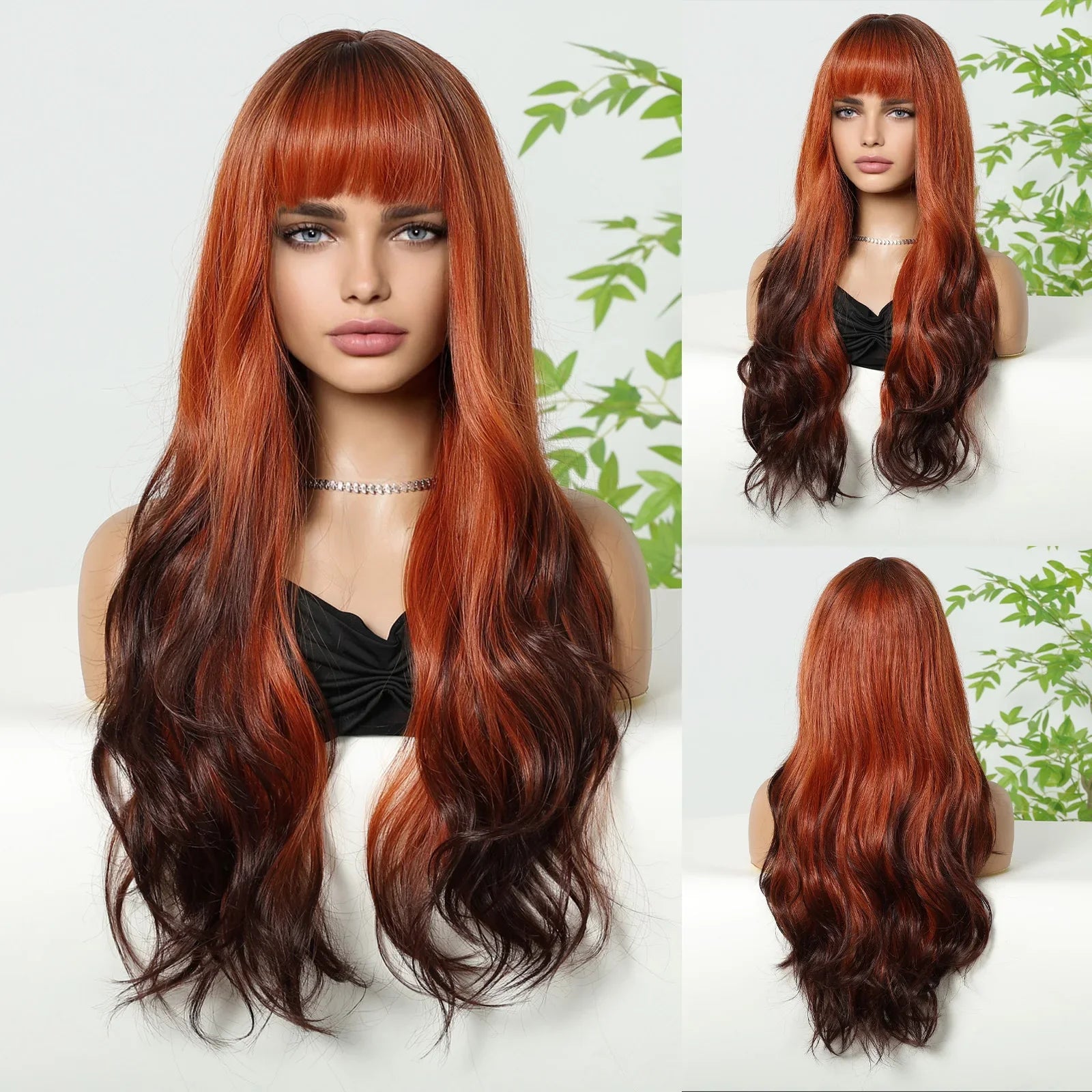 Red Brown Long Fluffy Wavy Synthetic Wigs
