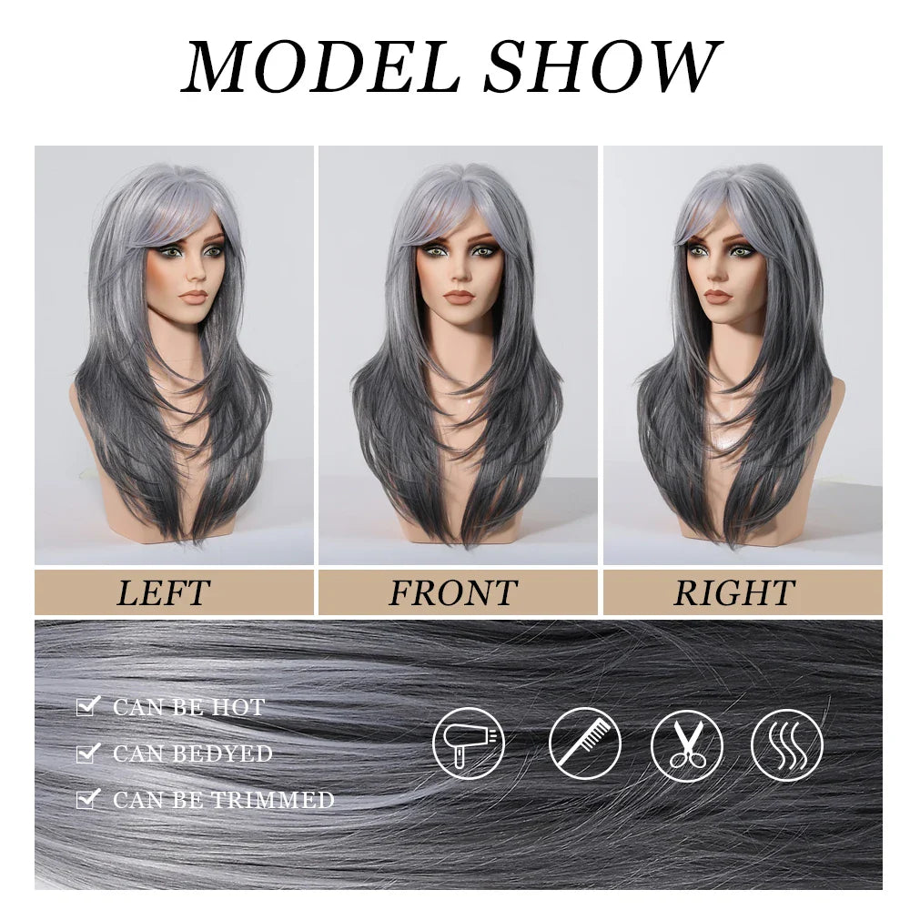 Synthetic Blonde Gray Long Straight Layered Wig