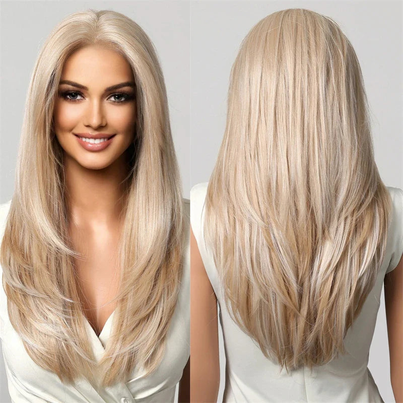 13*6 Lace Frontal Wig Synthetic Hair Blonde Mixed Brown Wig