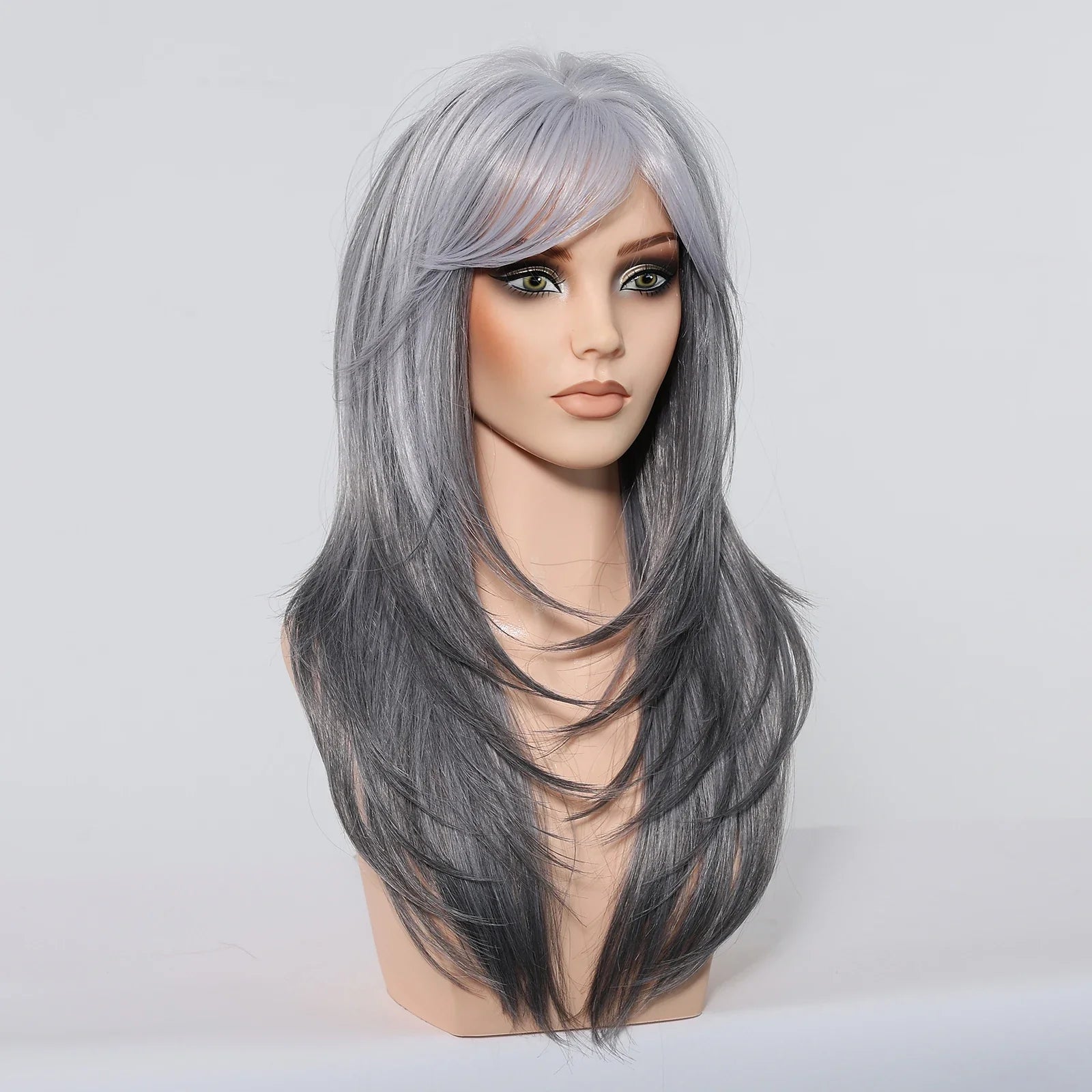 Synthetic Blonde Gray Long Straight Layered Wig