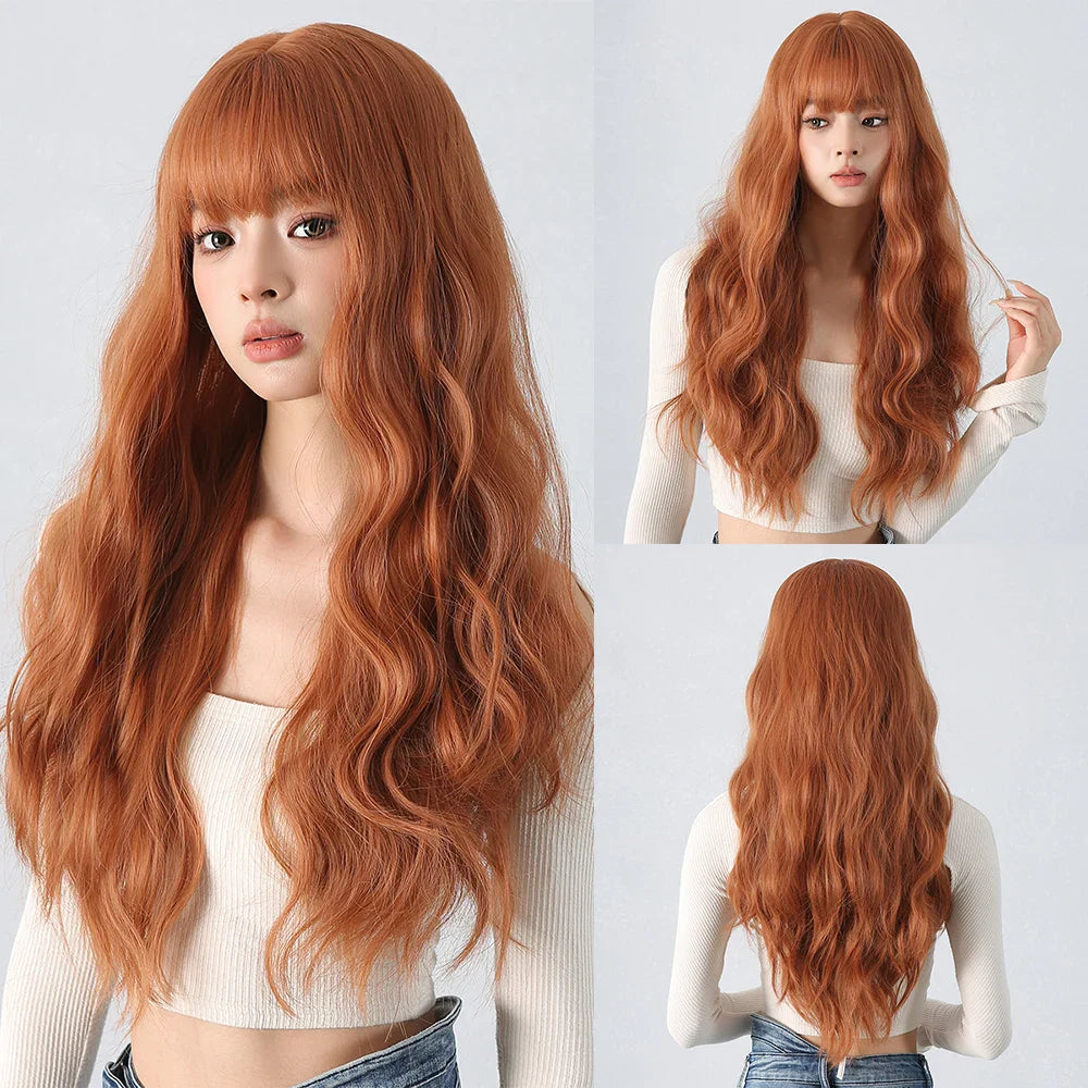 Red Brown Long Fluffy Wavy Synthetic Wigs