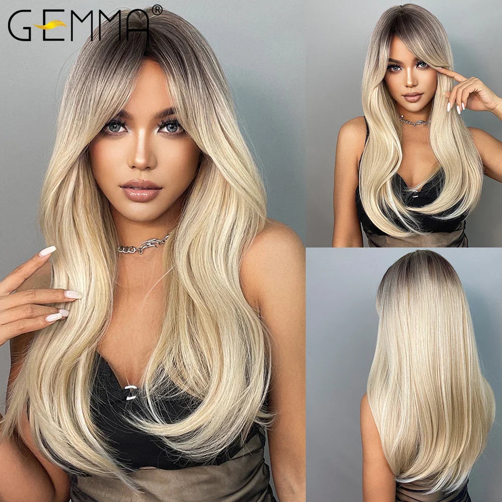 Synthetic Blonde Gray Long Straight Layered Wig