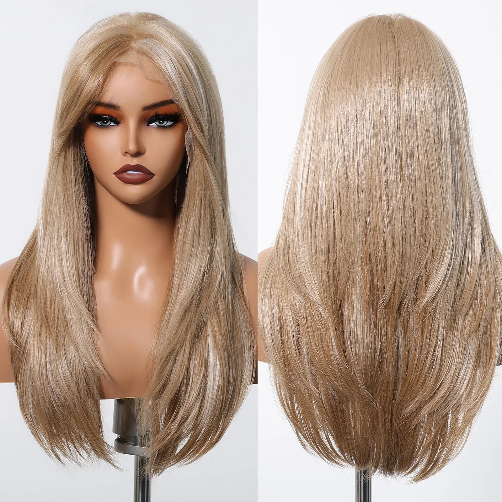 13*6 Lace Frontal Wig Synthetic Hair Blonde Mixed Brown Wig