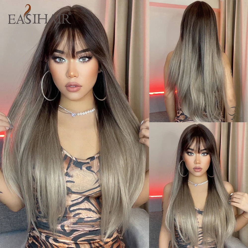 Straight Dark Brown Synthetic Wigs