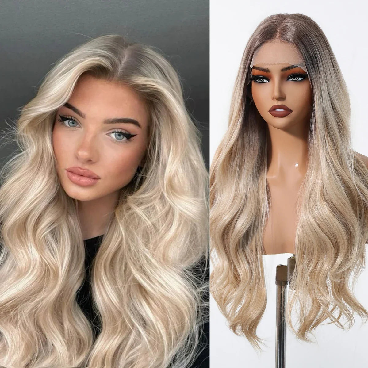 13*6 Lace Frontal Wig Synthetic Hair Blonde Mixed Brown Wig