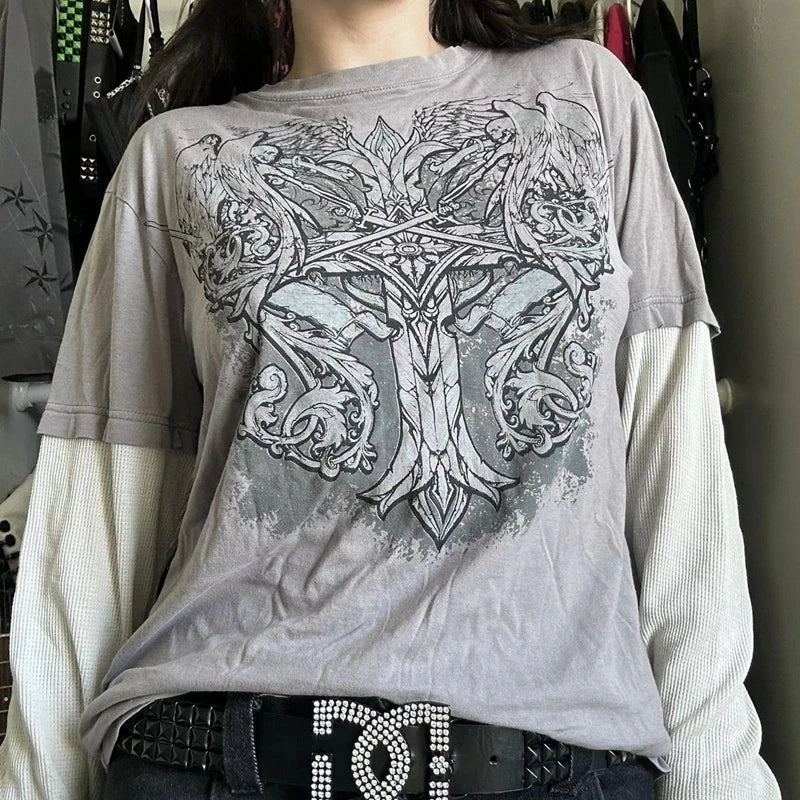 Cross Cyber Goth Patchwork E-girl Tees
