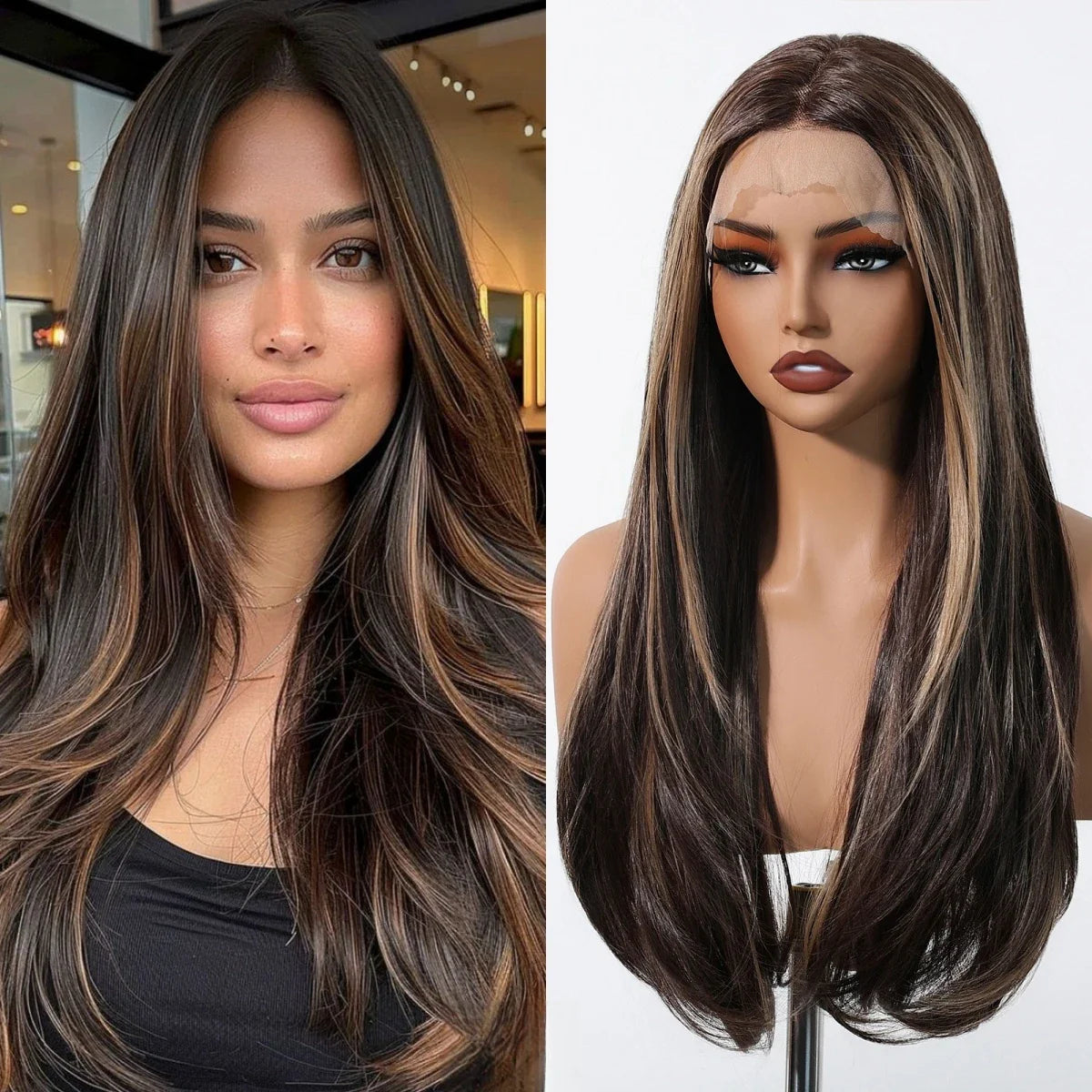 13*6 Lace Frontal Wig Synthetic Hair Blonde Mixed Brown Wig