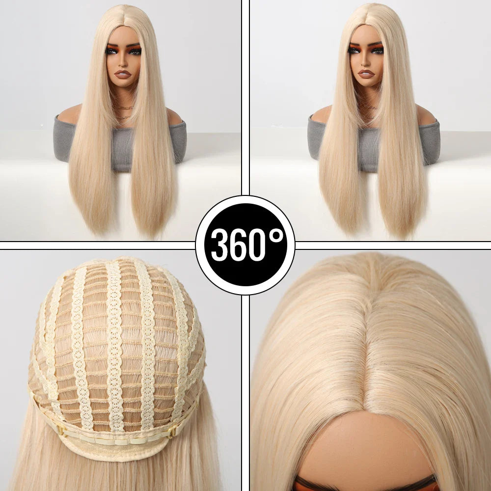 Light Blonde Golden Hair Long Silky Straight Synthetic Wig