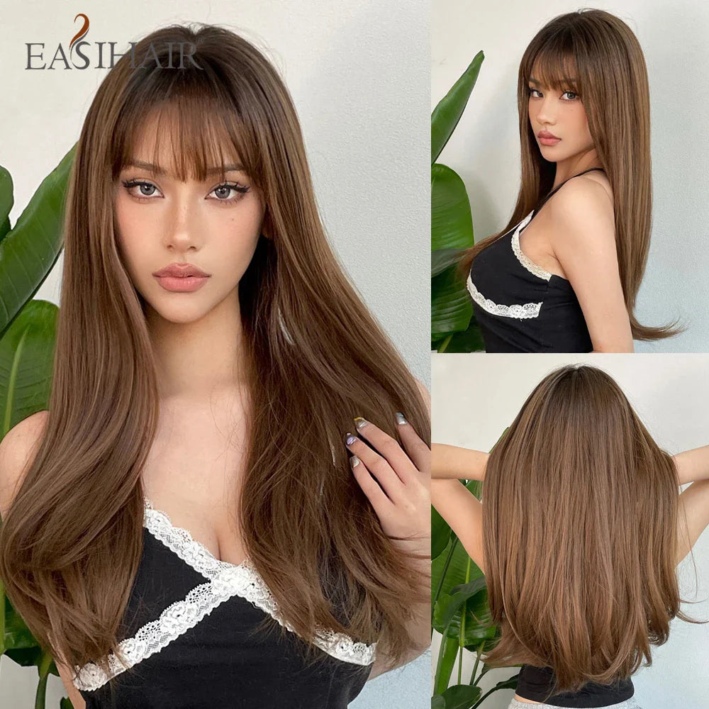 Straight Dark Brown Synthetic Wigs
