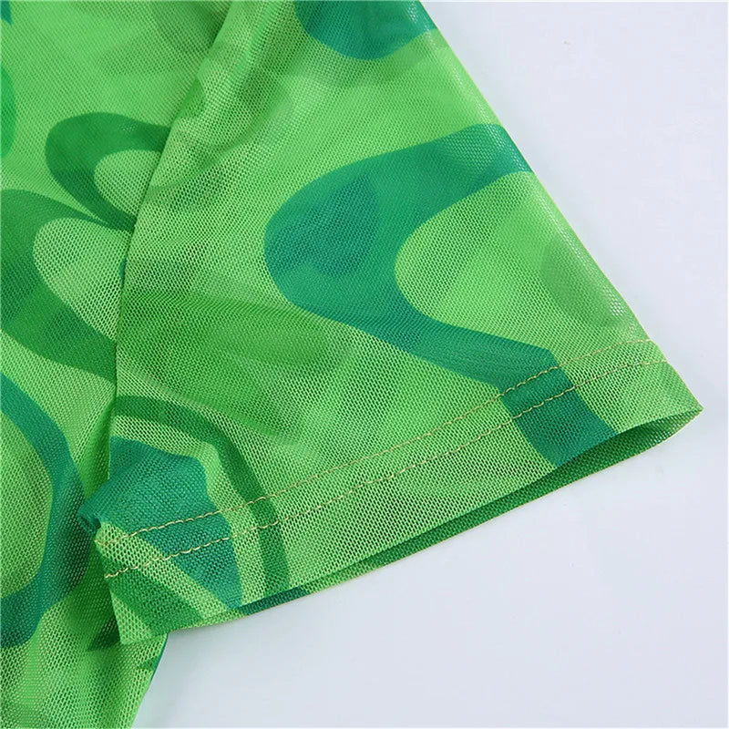 Gedrukt Esthetiek See Through Mesh Crop Top