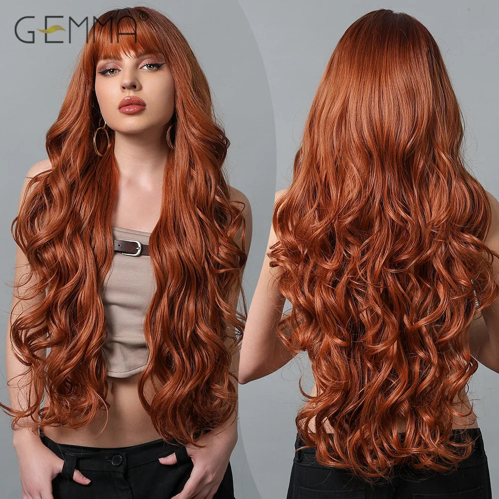 Copper Ginger Long Wavy Synthetic Wigs