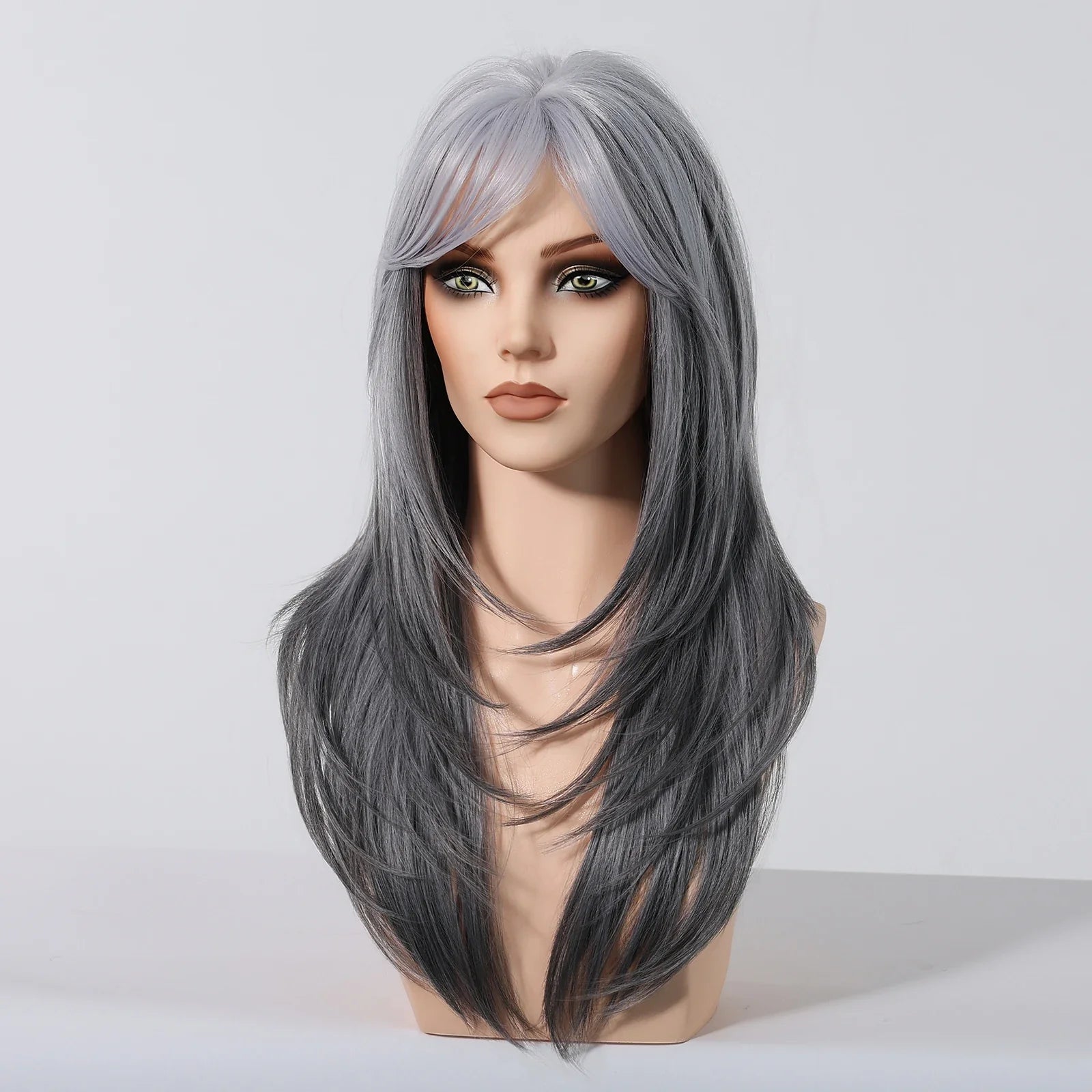 Synthetic Blonde Gray Long Straight Layered Wig