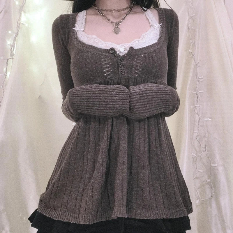 Vintage Long Sleeve Babydoll Knitted Sweater Tops