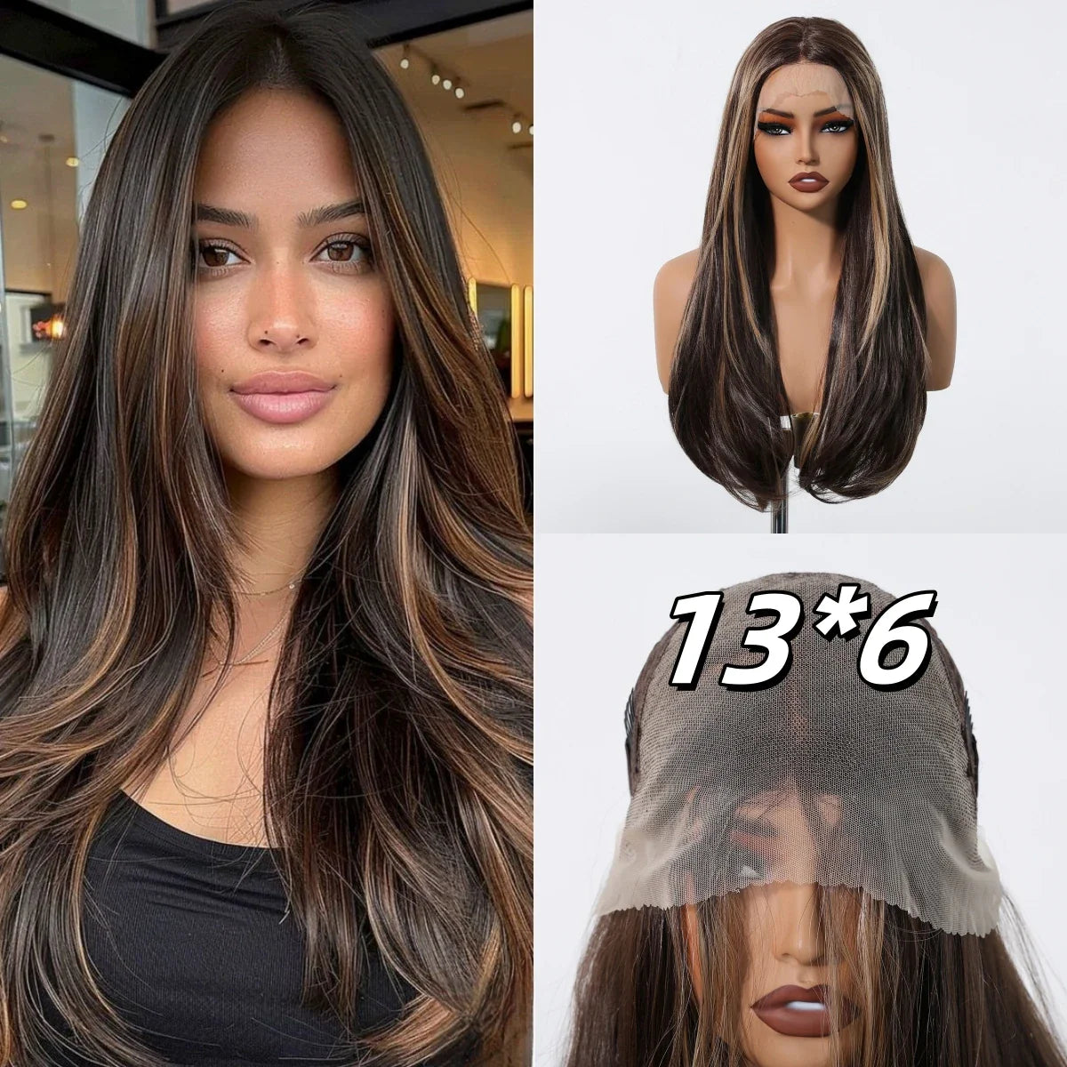 13*6 Lace Frontal Wig Synthetic Hair Blonde Mixed Brown Wig