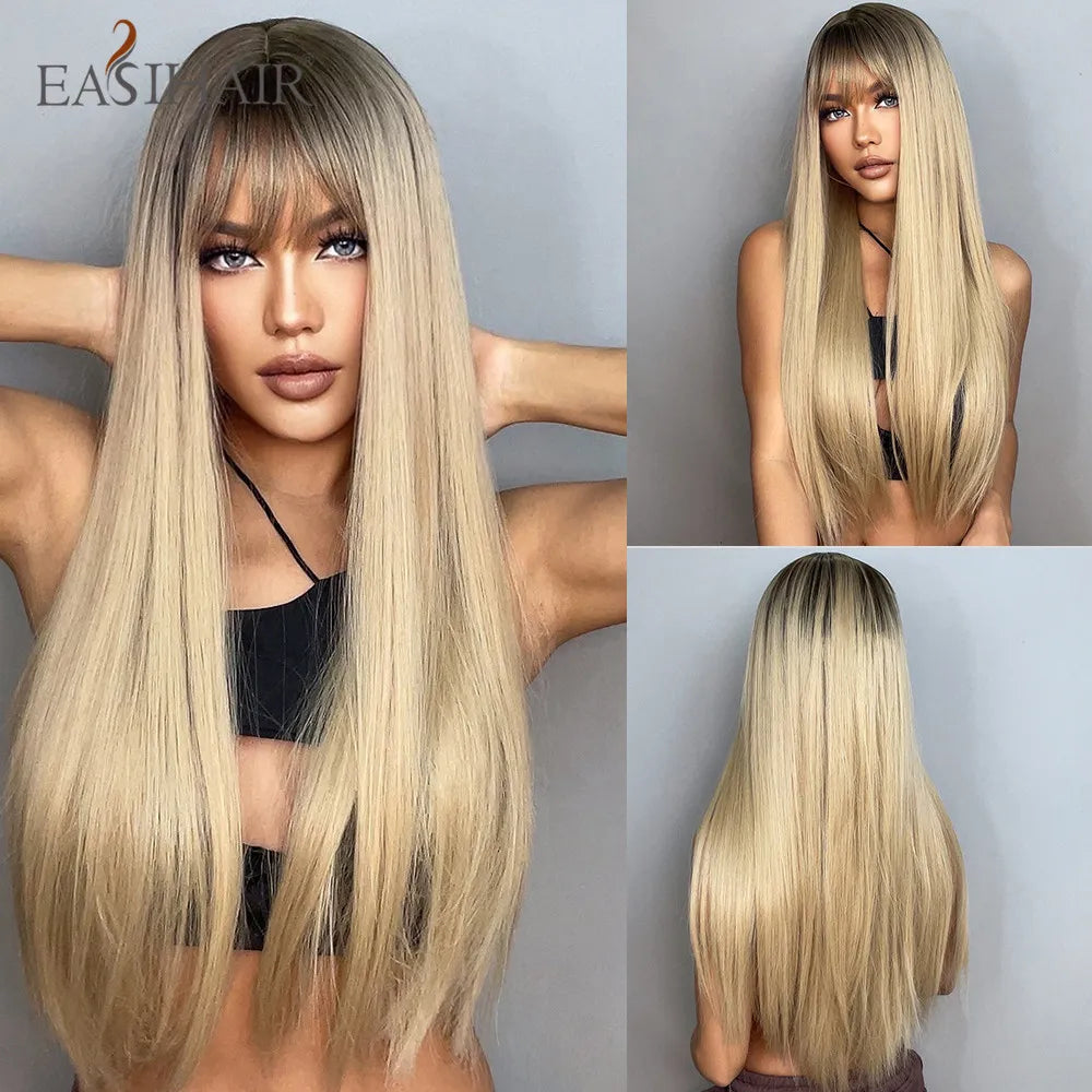 Blonde Golden Long Straight Synthetic Wigs
