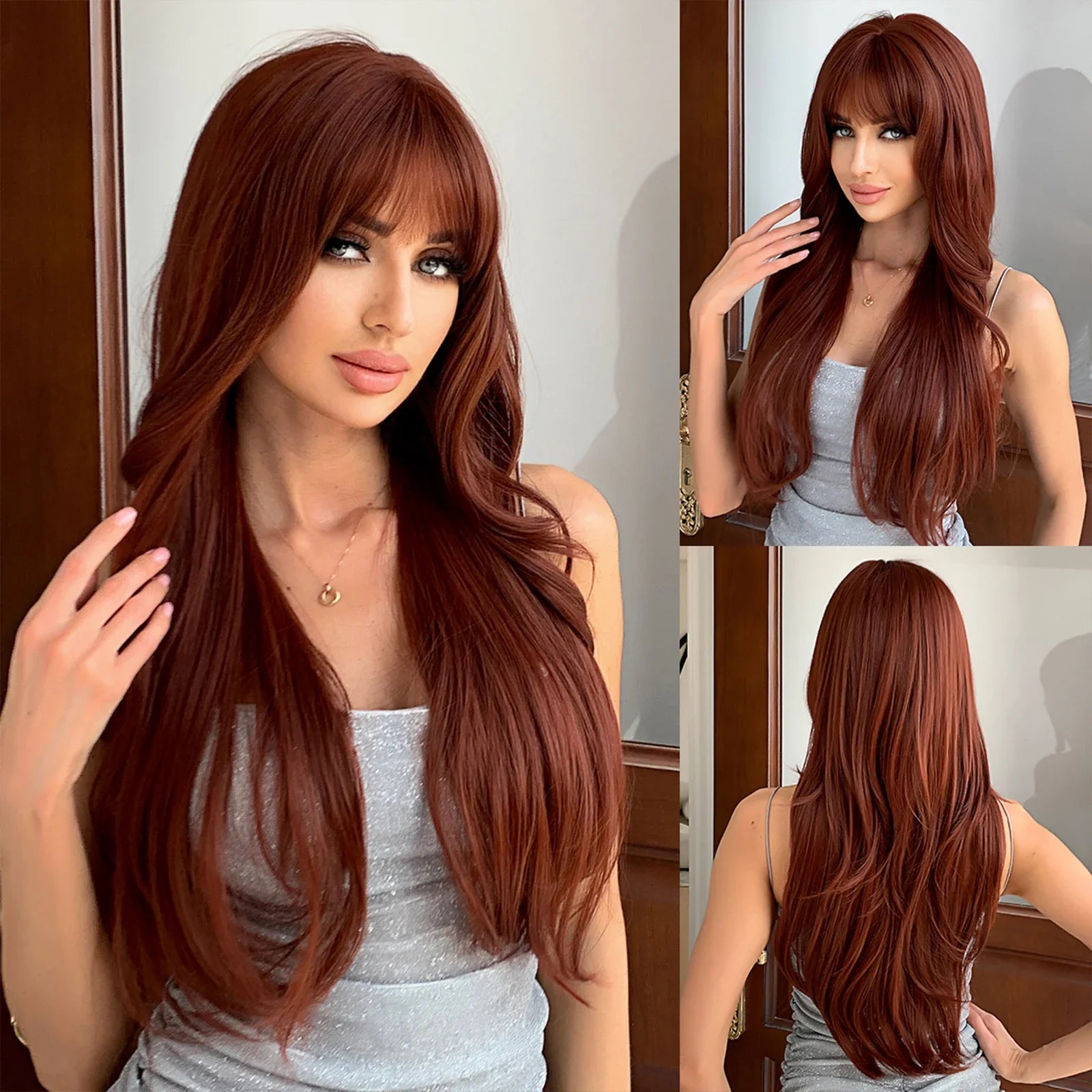 Red Brown Long Fluffy Wavy Synthetic Wigs
