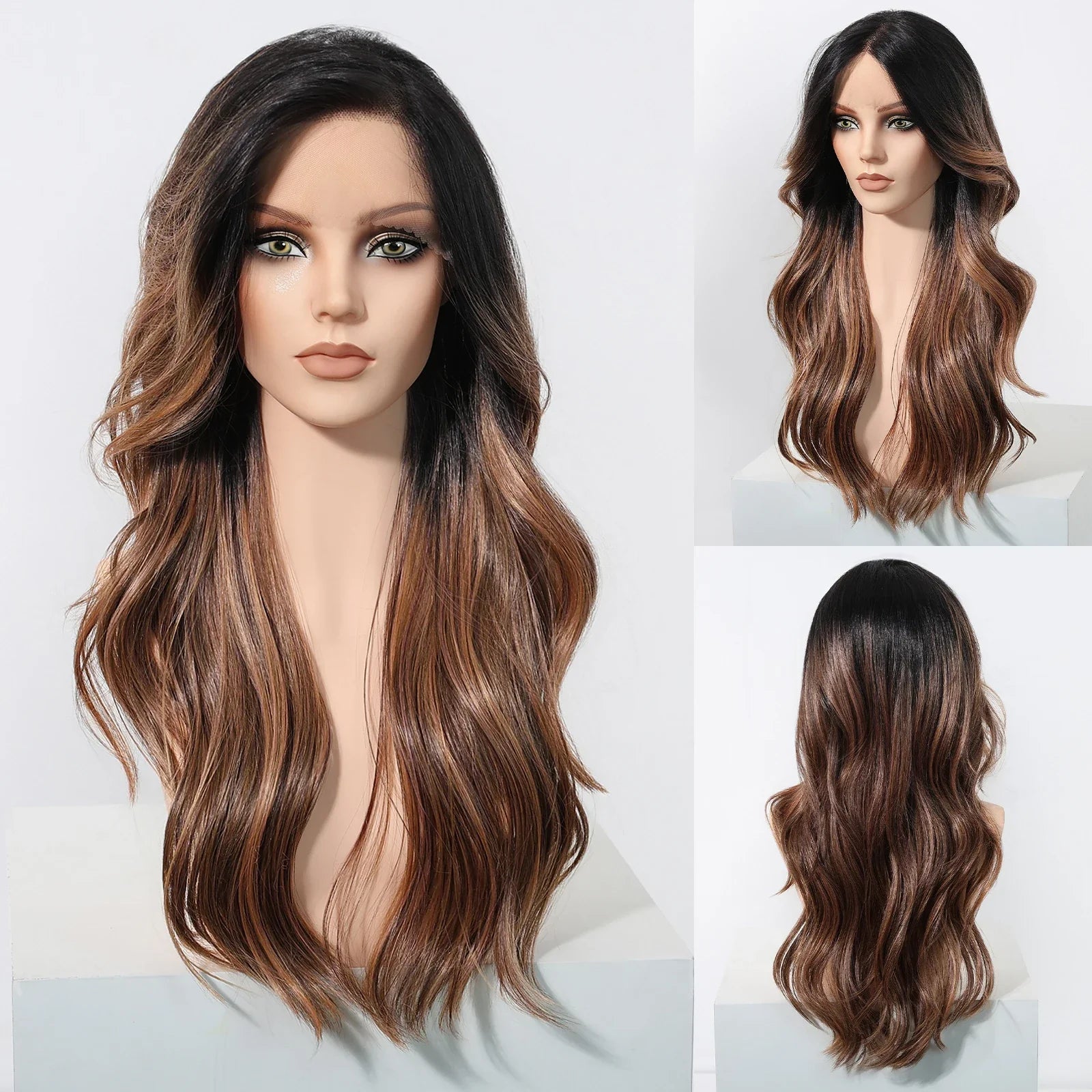 13*6 Lace Frontal Wig Synthetic Hair Blonde Mixed Brown Wig