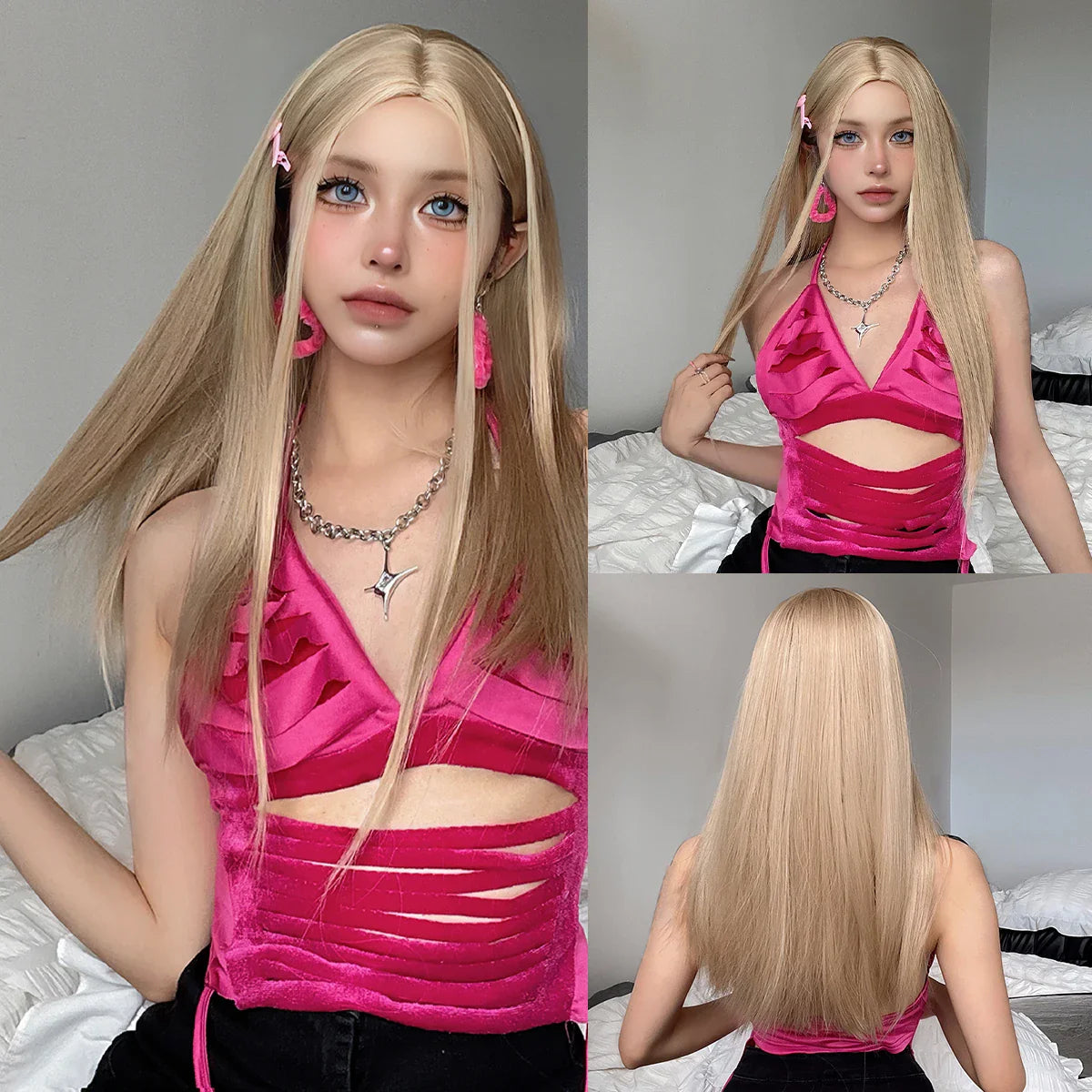 Light Blonde Golden Hair Long Silky Straight Synthetic Wig