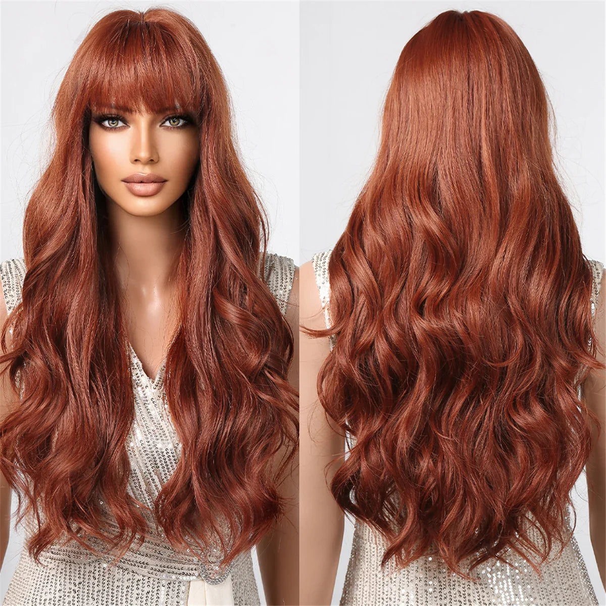 Red Brown Long Fluffy Wavy Synthetic Wigs