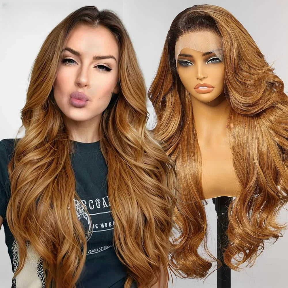 13*6 Lace Frontal Wig Synthetic Hair Blonde Mixed Brown Wig