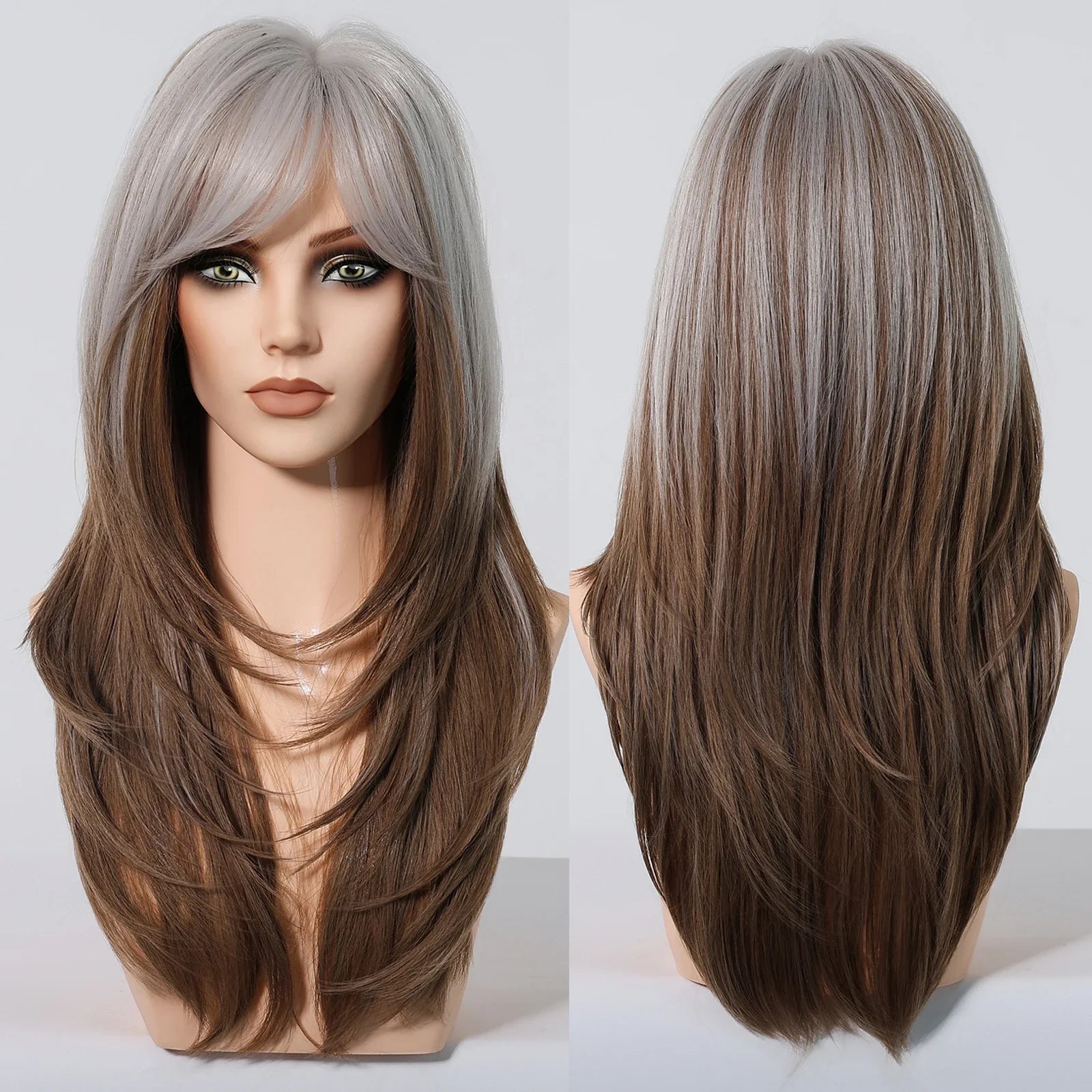 Synthetic Blonde Gray Long Straight Layered Wig