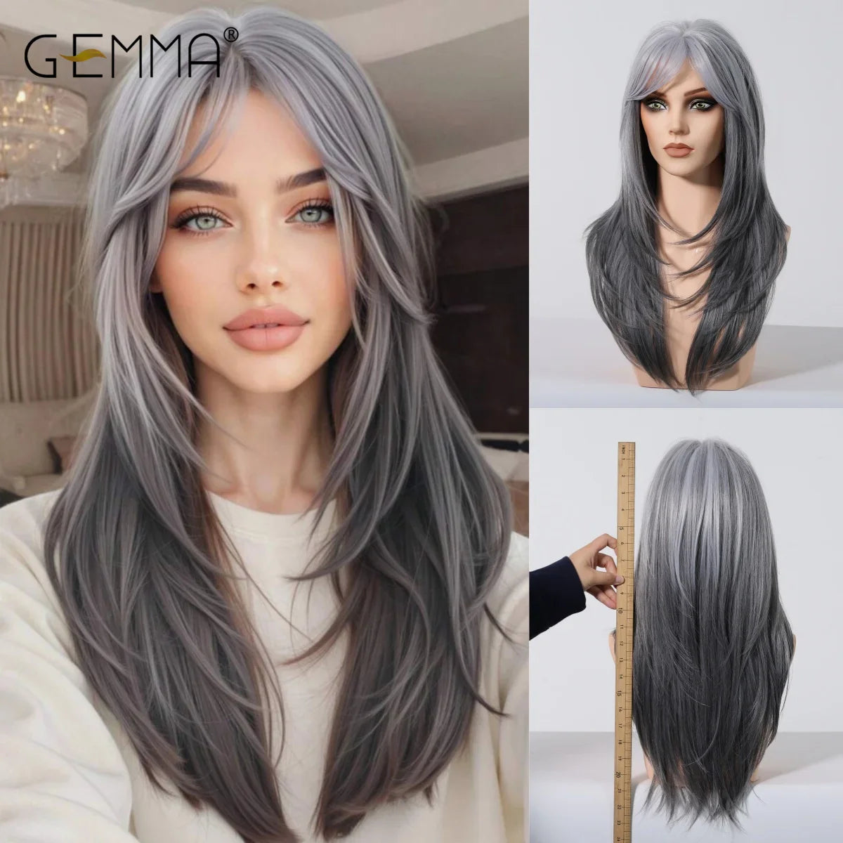 Synthetic Blonde Gray Long Straight Layered Wig