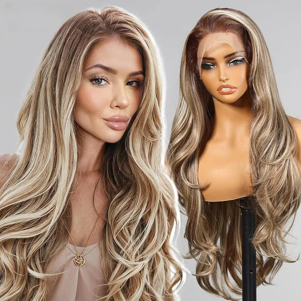 13*6 Lace Frontal Wig Synthetic Hair Blonde Mixed Brown Wig