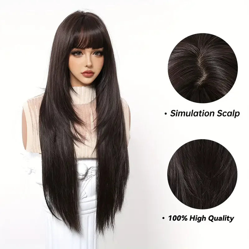 Straight Dark Brown Synthetic Wigs