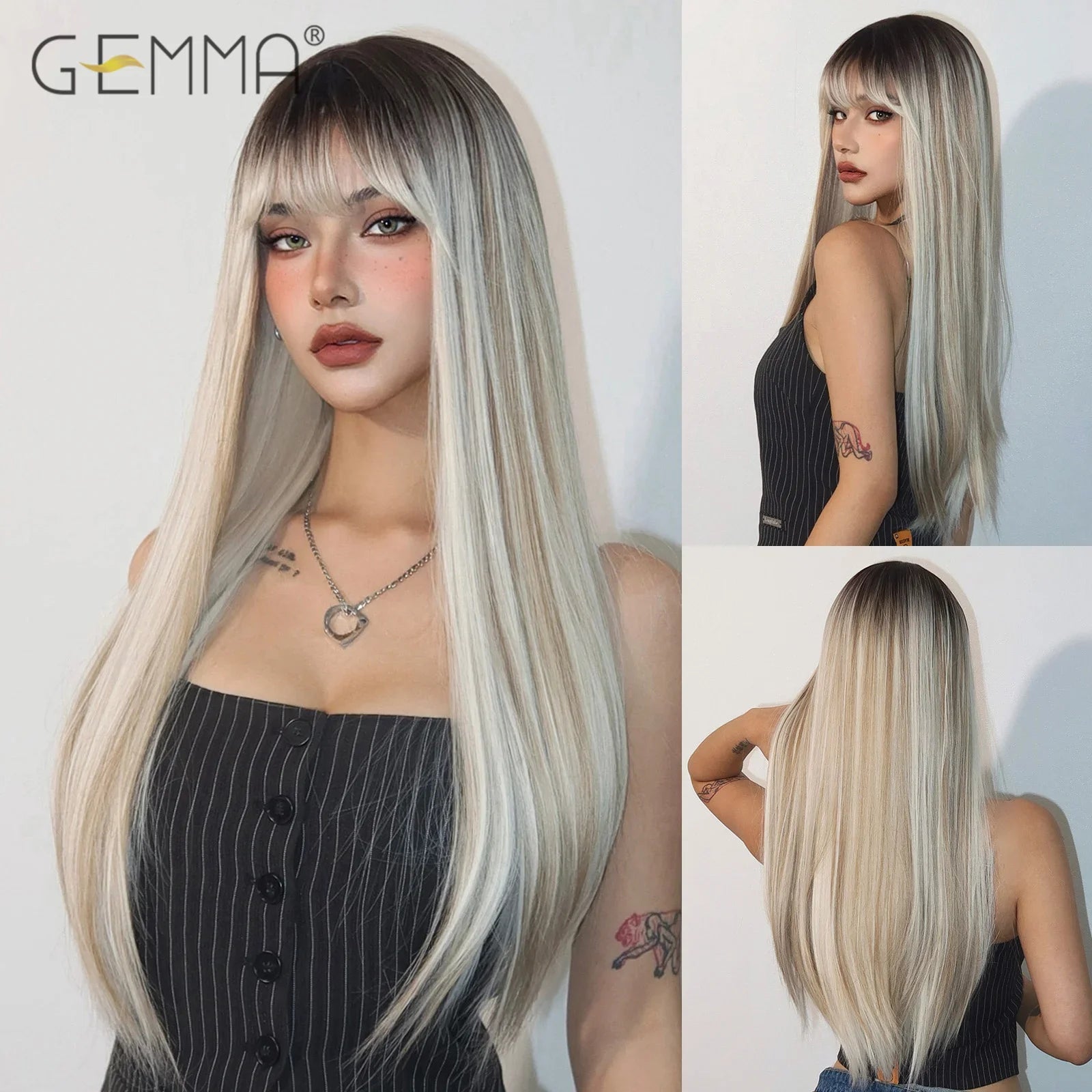 Synthetic Blonde Gray Long Straight Layered Wig
