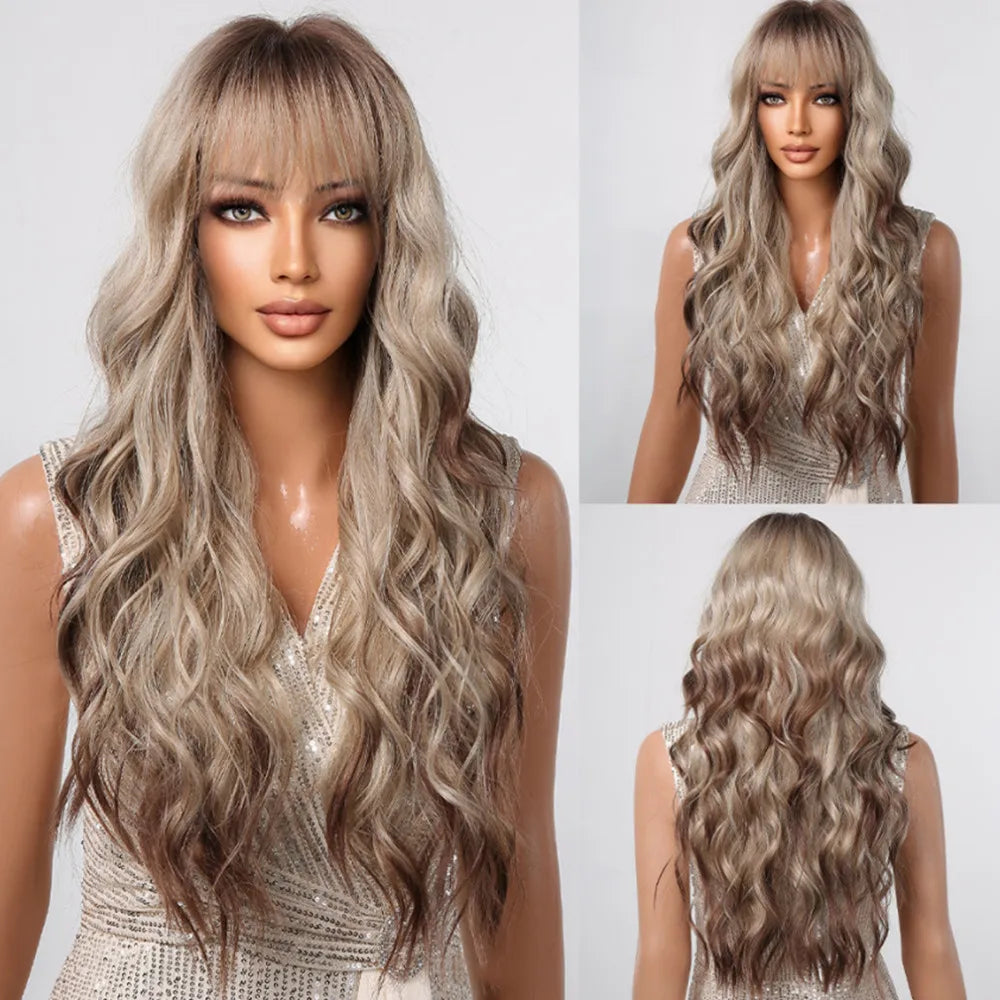 28 Inch Long Curly Ombre Brown Hair Wigs