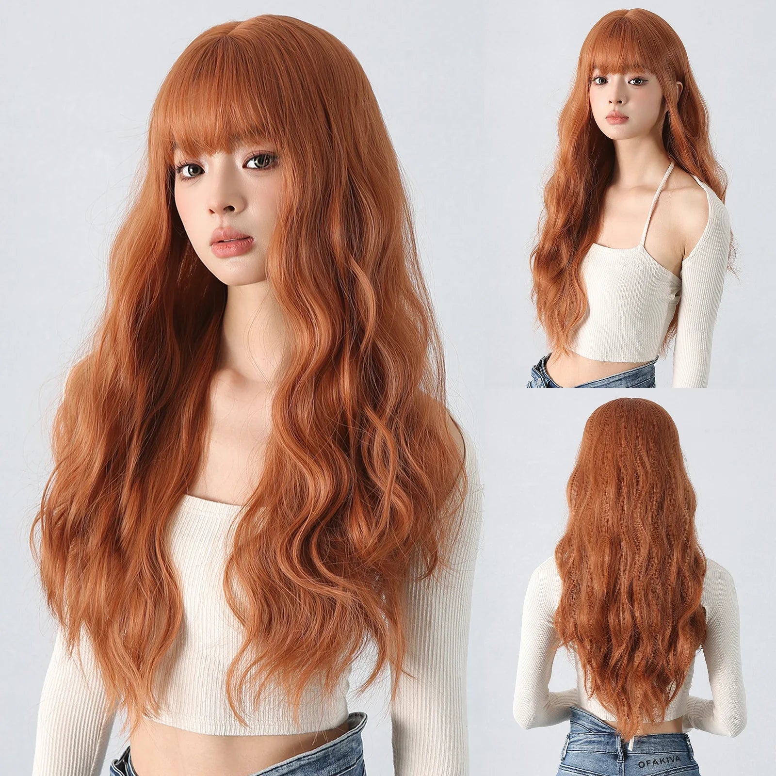 Red Brown Long Fluffy Wavy Synthetic Wigs