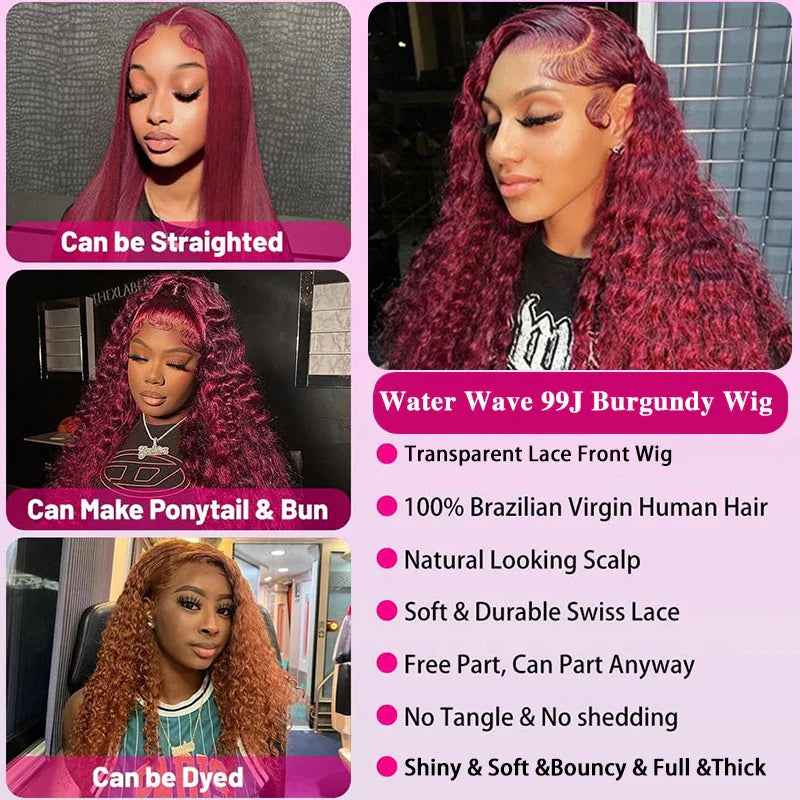 Water Wave Burgundy Lace Frontal Wigs