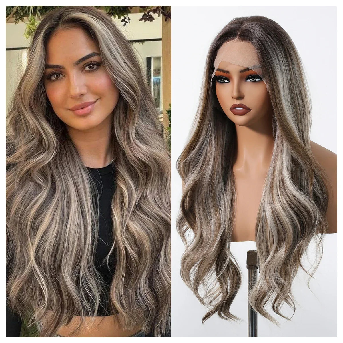 13*6 Lace Frontal Wig Synthetic Hair Blonde Mixed Brown Wig