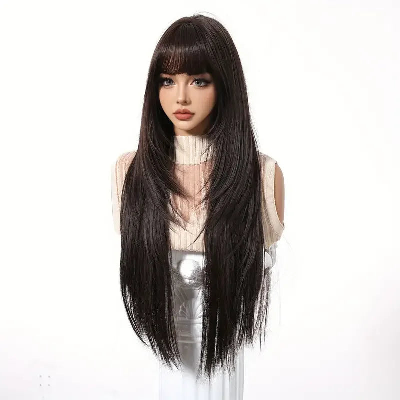 Straight Dark Brown Synthetic Wigs