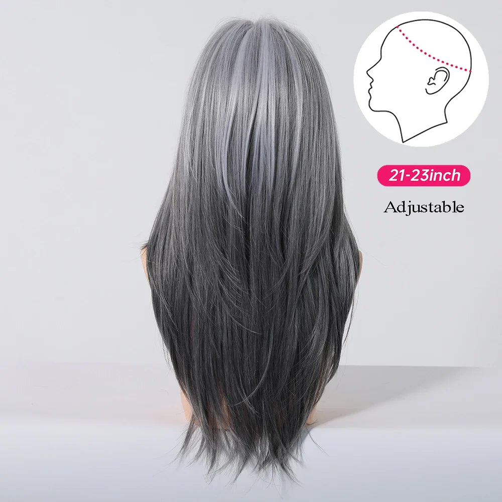 Synthetic Blonde Gray Long Straight Layered Wig