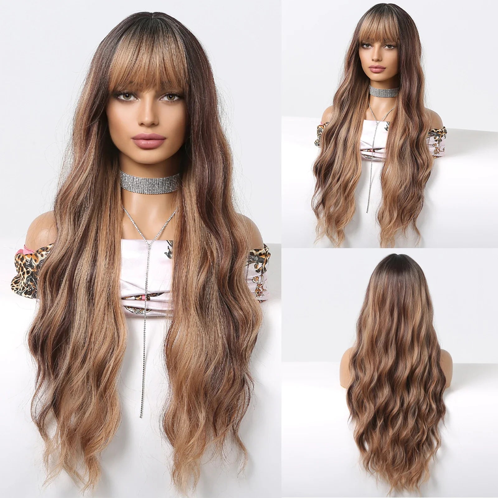 Red Brown Long Fluffy Wavy Synthetic Wigs