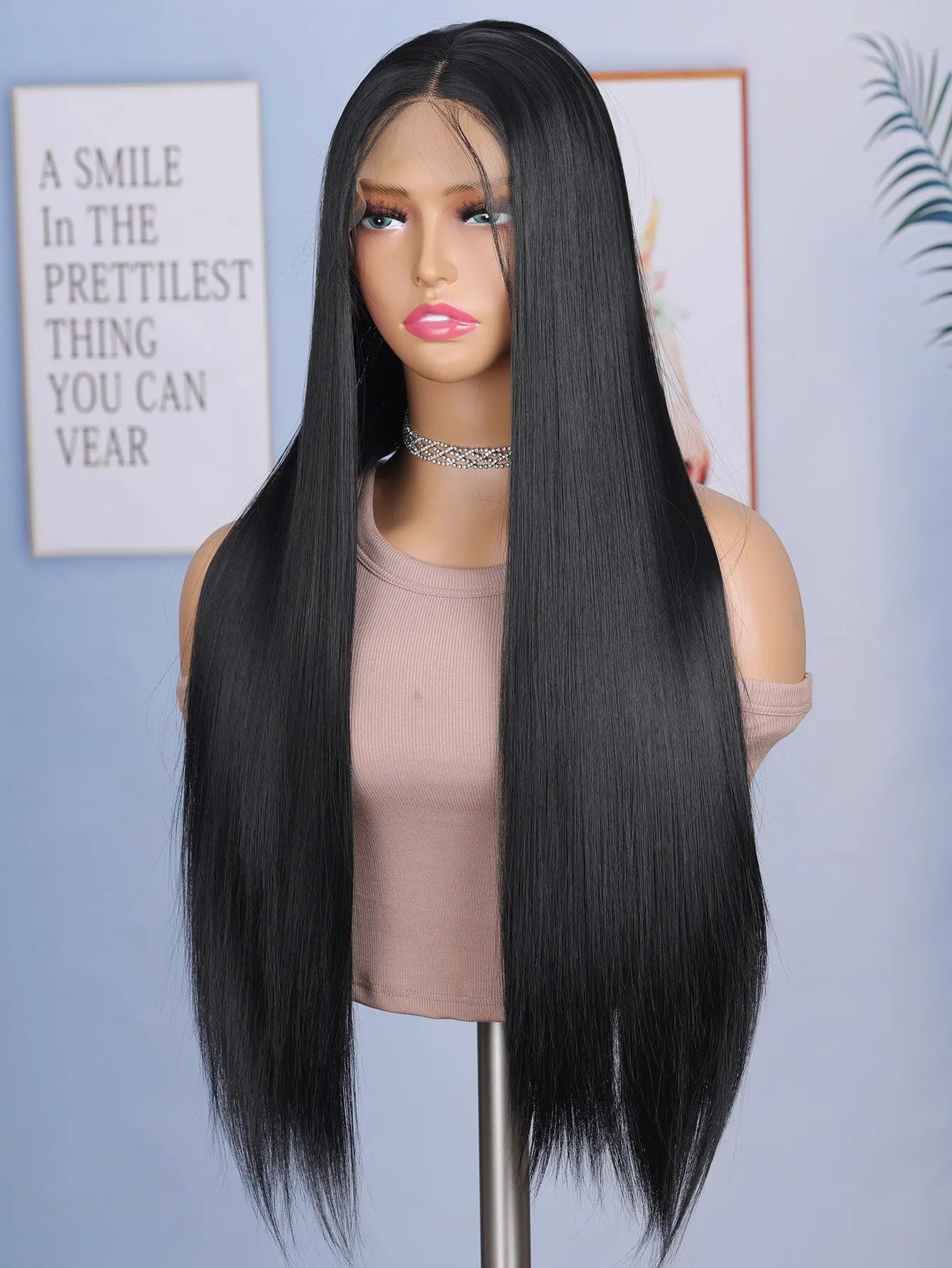 24 Inch Straight Lace Front Black Color Synthetic Hair Wigs