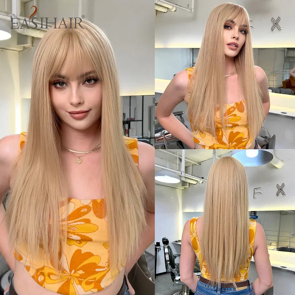 Blonde Golden Long Straight Synthetic Wigs