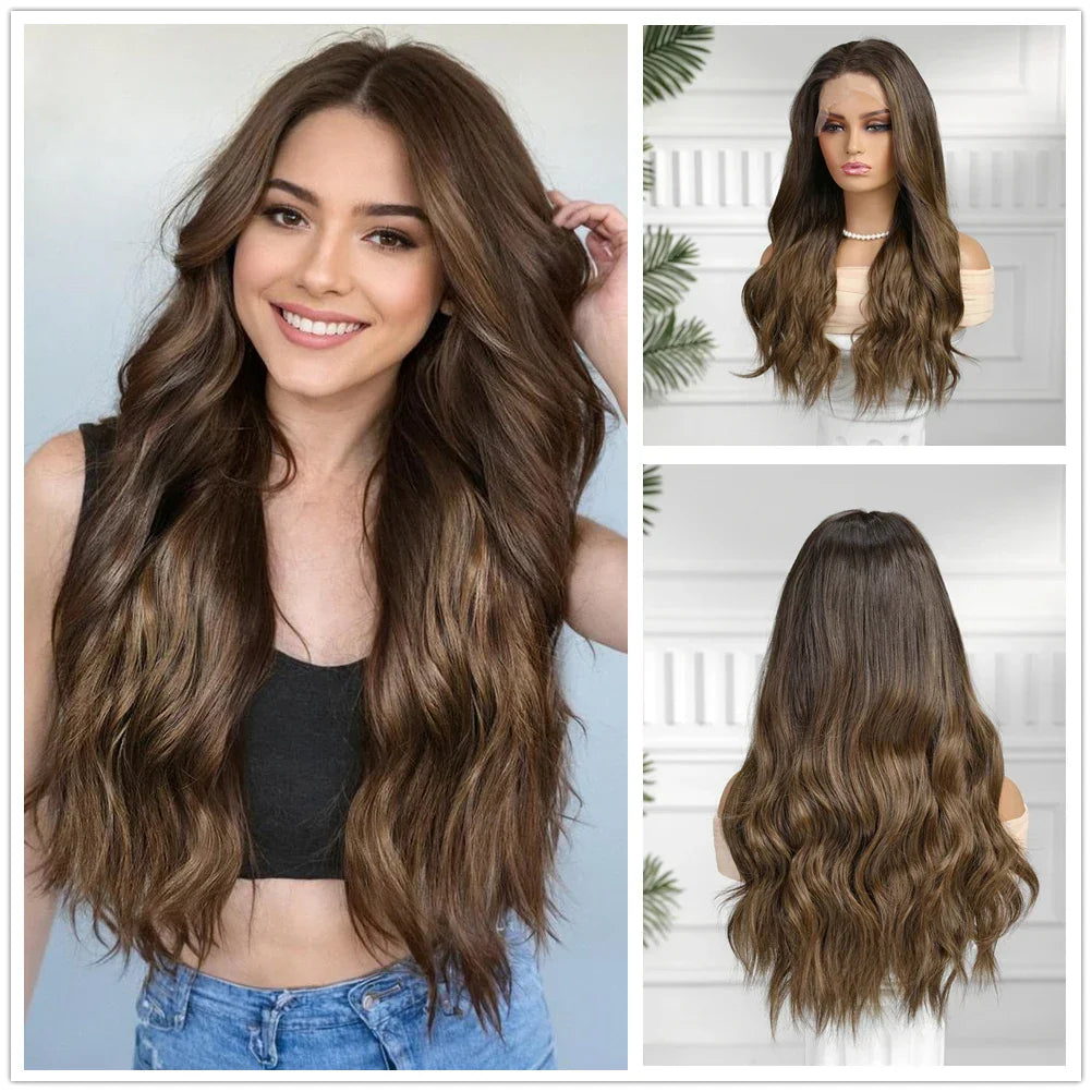 13*6 Lace Frontal Wig Synthetic Hair Blonde Mixed Brown Wig