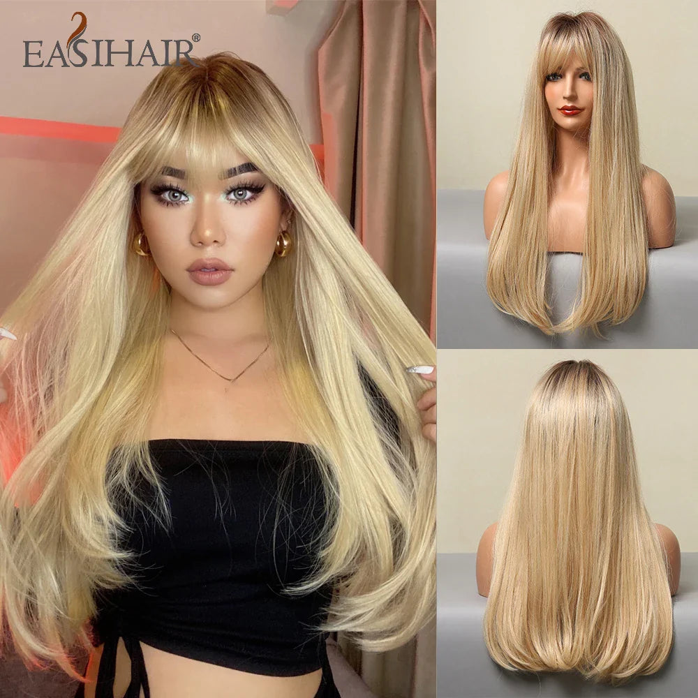 Blonde Golden Long Straight Synthetic Wigs
