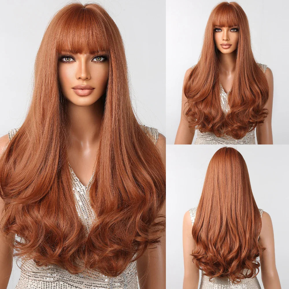 Red Brown Long Fluffy Wavy Synthetic Wigs