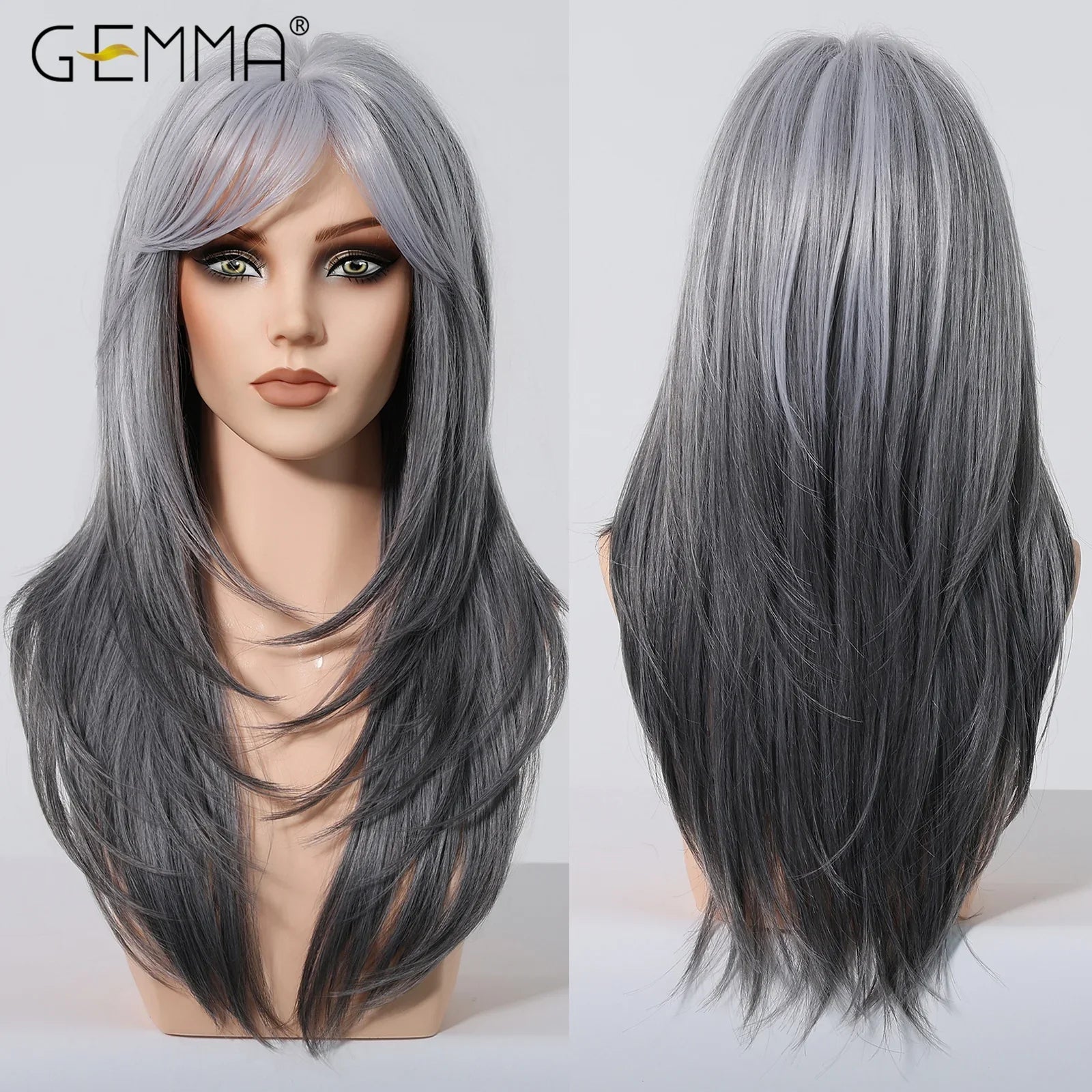 Synthetic Blonde Gray Long Straight Layered Wig