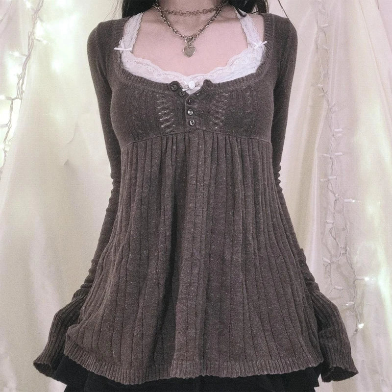 Vintage Long Sleeve Babydoll Knitted Sweater Tops