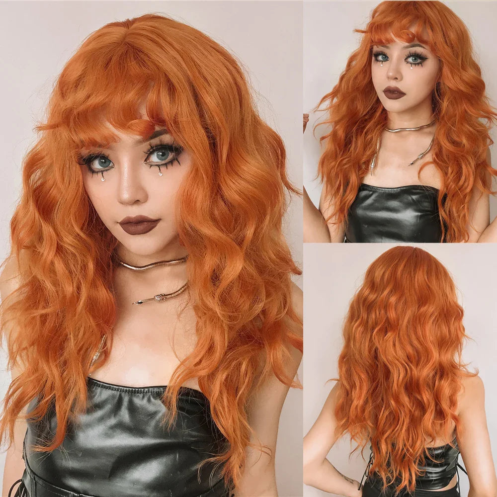 Red Brown Long Fluffy Wavy Synthetic Wigs