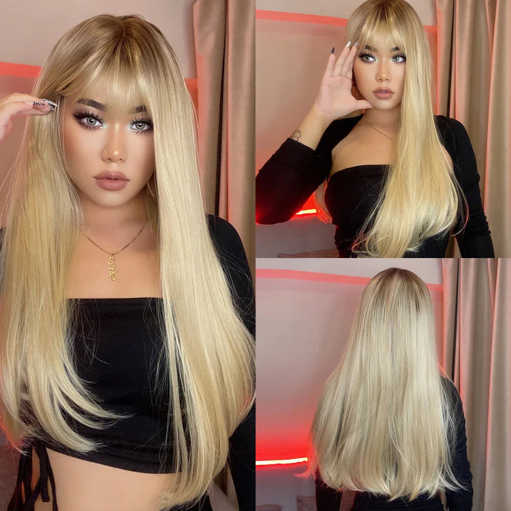 Light Blonde Golden Hair Long Silky Straight Synthetic Wig